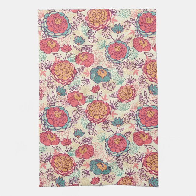Peony flowers and leaves pattern towel (Vertical)