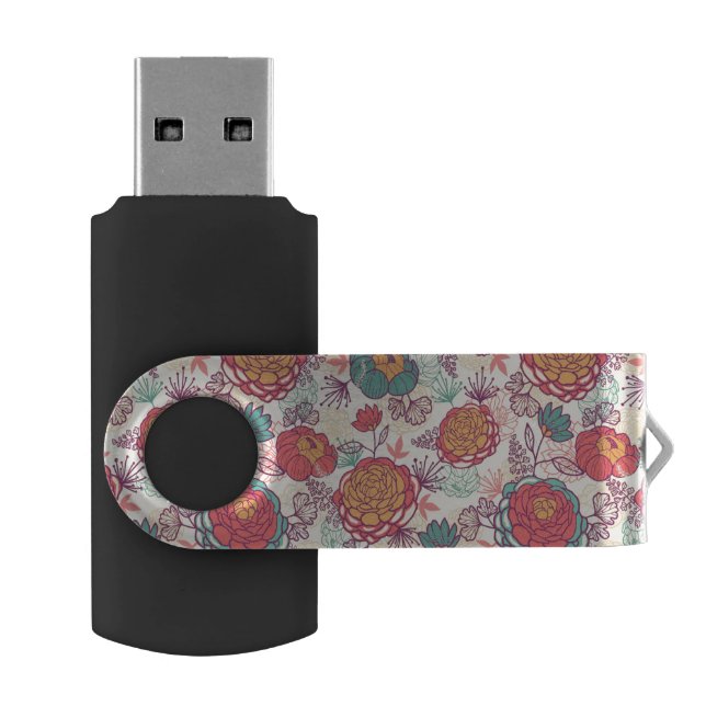 Peony flowers and leaves pattern USB flash drive (Opened)