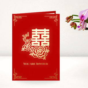 Peony flowers bilingual chinese wedding invitation