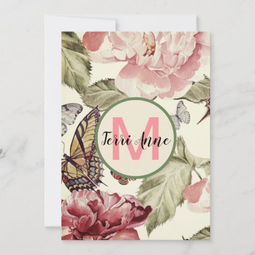 Peony Flowers & Butterflies with Monogram Flat Thank You Card