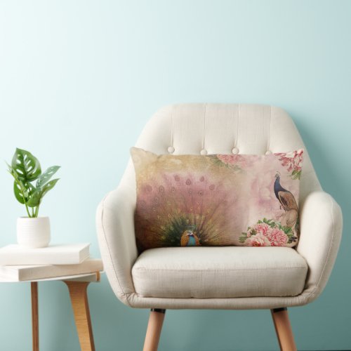 Peony Flowers Elegant Peacock Vintage Watercolor  Lumbar Pillow