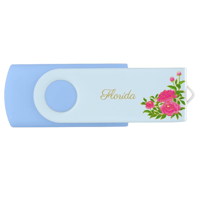 Peony flowers & golden calligraphy on light blue flash drive (Front)