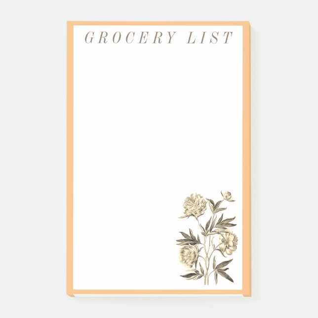 Peony Flowers Grocery List Shopping Notepad  (Front)