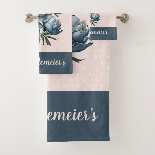 Peony Flowers in Blue  White on Pink  Blue  Bath Towel Set