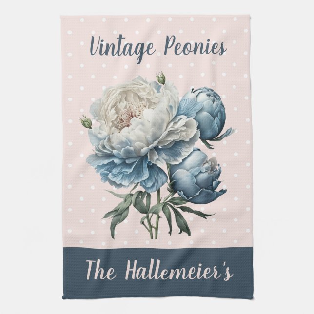 Peony Flowers in Blue & White on Pink & Blue  Kitchen Towel (Vertical)