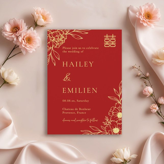Peony Flowers Modern Chinese Red Gold Wedding  Invitation (Creator Uploaded)