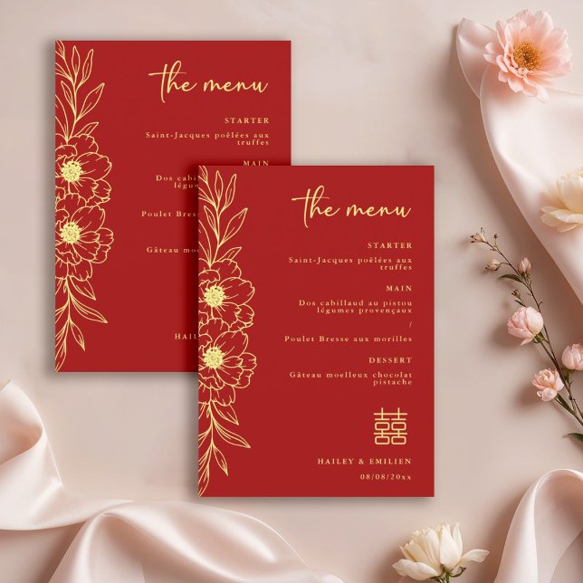 Peony Flowers Modern Chinese Red Gold Wedding Menu Invitation (Creator Uploaded)