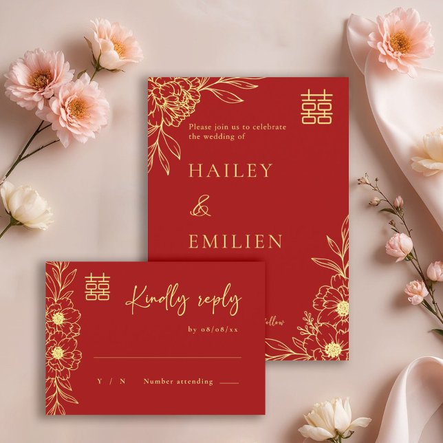 Peony Flowers Modern Chinese Red Gold Wedding RSVP Invitation (Creator Uploaded)