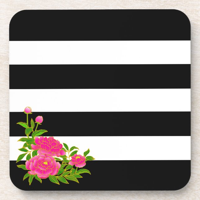 Peony flowers on black & white striped beverage coaster (Front)