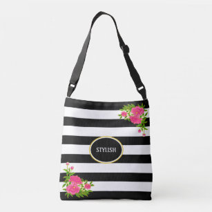 Peony flowers on black & white striped crossbody bag