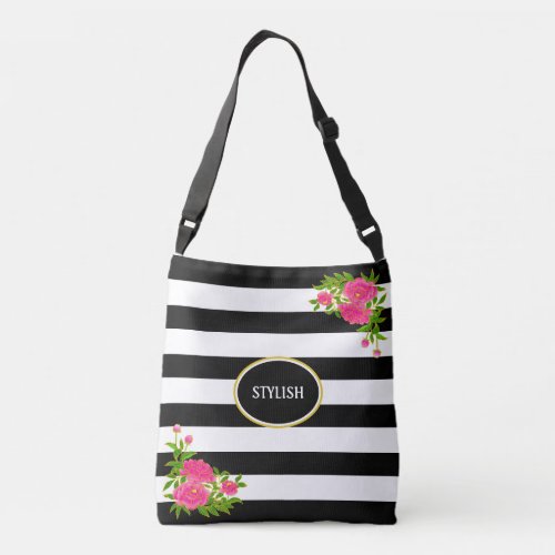 Peony flowers on black  white striped crossbody bag