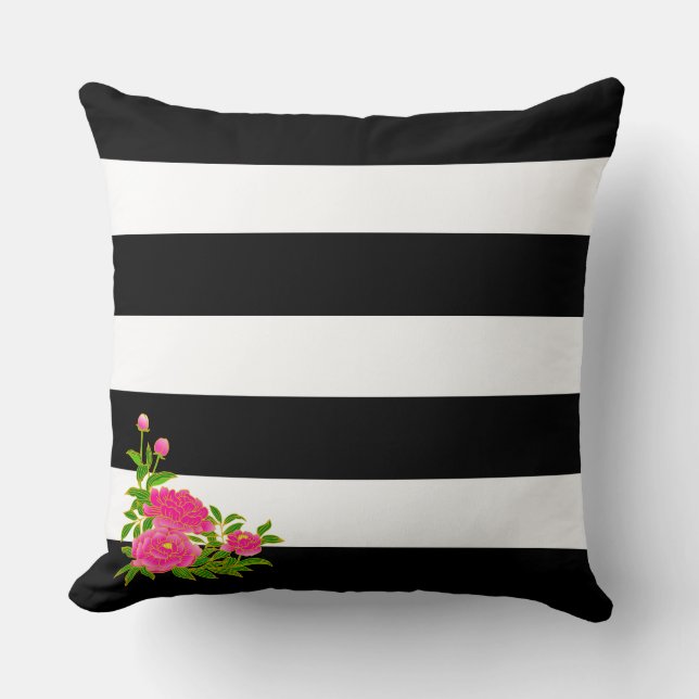 Peony flowers on black & white striped throw pillow (Front)