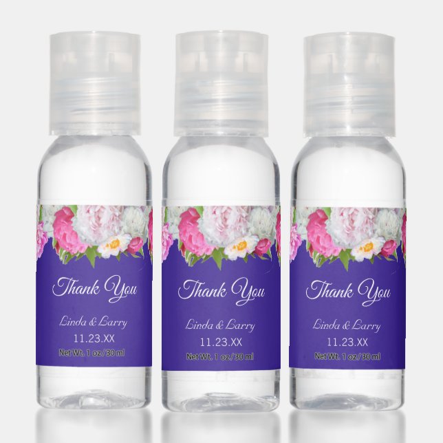 Peony Flowers on Blue Thank You Wedding Favor Hand Sanitizer (Set)