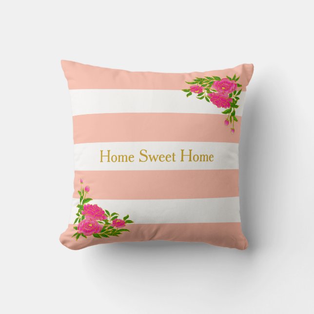 Peony flowers on coral pink & white striped throw pillow (Front)