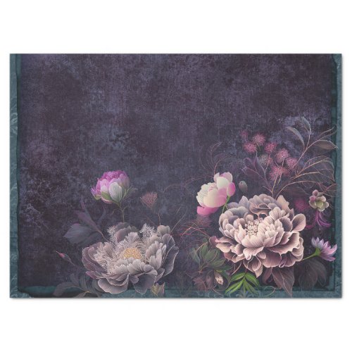 Peony Flowers on Dark Purple Decoupage Tissue Paper