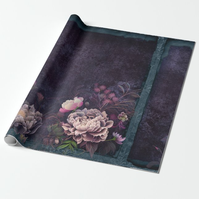 Peony Flowers on Dark Purple Wrapping Paper (Unrolled)