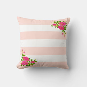 Peony flowers on light pink & white striped throw pillow