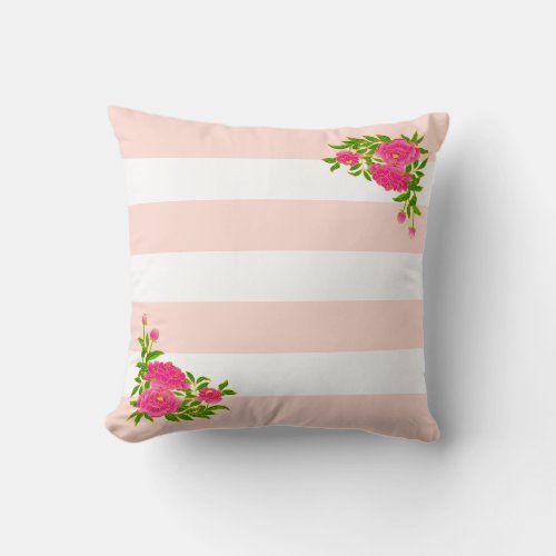 Peony flowers on light pink  white striped throw pillow