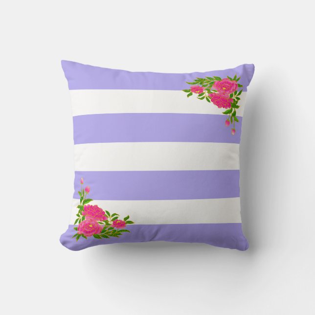 Peony flowers on periwinkle & white striped throw pillow (Front)