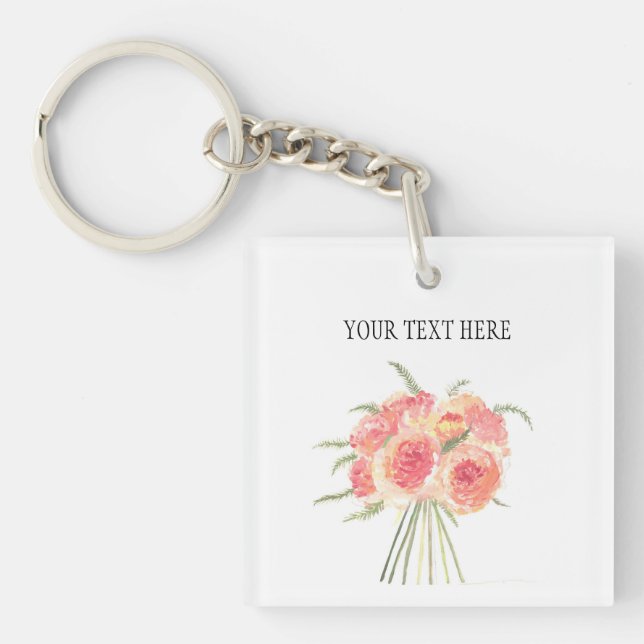 Peony flowers pastel Watercolor rustic wedding Keychain (Front)
