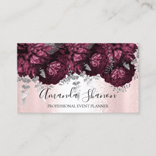 Peony Flowers Pink Silver  Logo Event Planner    Business Card