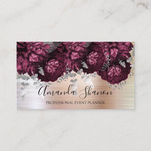 Peony Flowers Rose Silver Logo Event Planner   Business Card