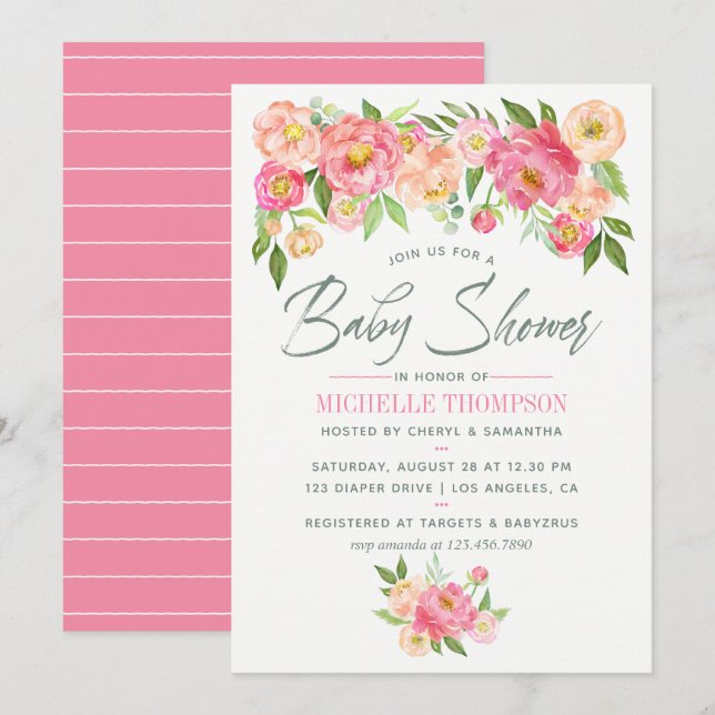 Peony flowers Spring Baby Shower invitation (Front/Back)