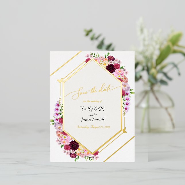  Peony Foil Wedding Save the Date Invitation Postcard (Standing Front)