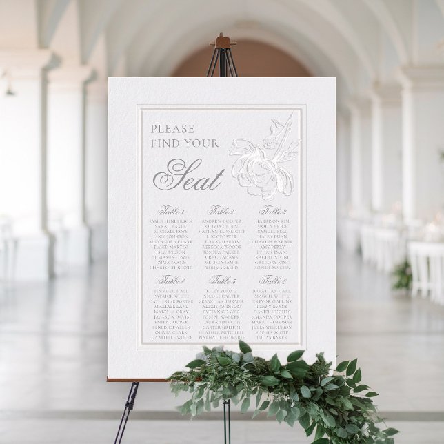 Peony Formal Classic Ivory Wedding Seating Chart Foam Board (peony wedding seating chart formal modern classic traditional calligraphy double frame faux embossed)