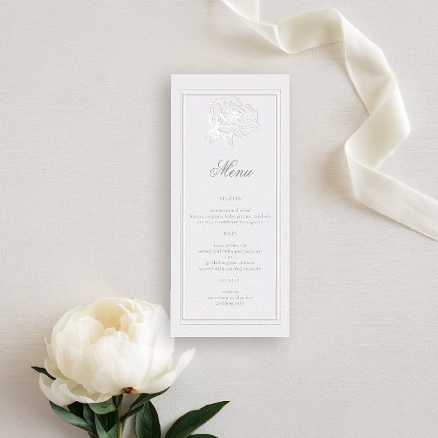 Peony ivory formal elegant wedding menu with faux embossed double frame — Pencil Owl Studios