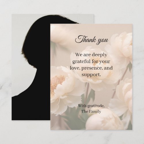 Peony funeral thank you card with photo