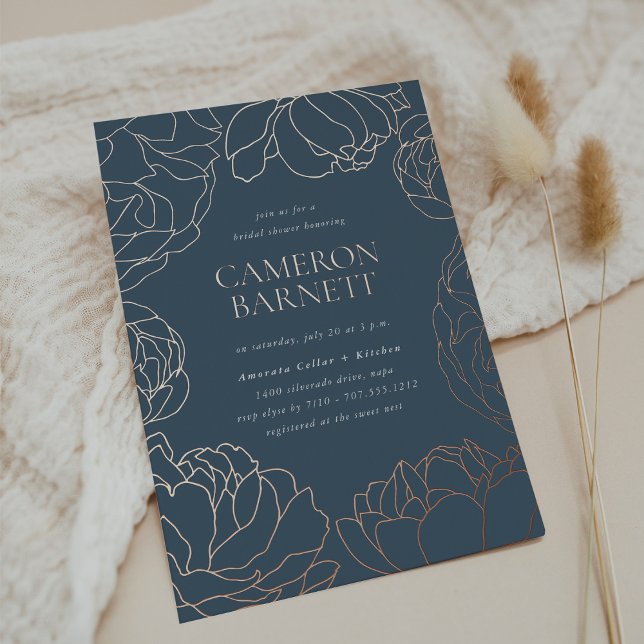 Peony Garden Dark Dusty Blue Floral Bridal Shower Foil Invitation (Creator Uploaded)