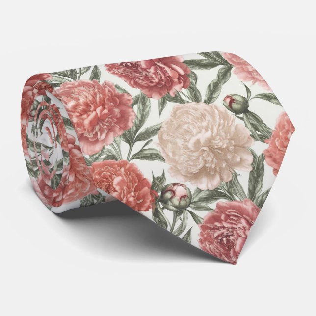 Peony Garden Floral Pattern Neck Tie (Rolled)