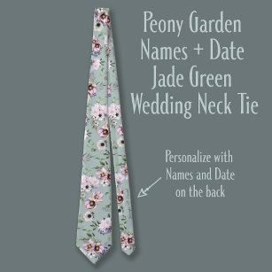 Peony Garden Names + Date Jade Green Wedding Neck Tie