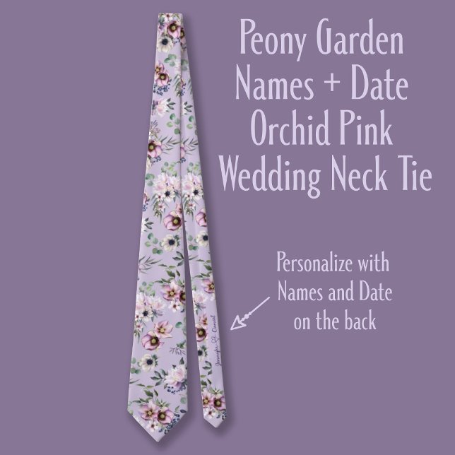 Peony Garden Names + Date Orchid Pink Wedding Neck Tie (Creator Uploaded)