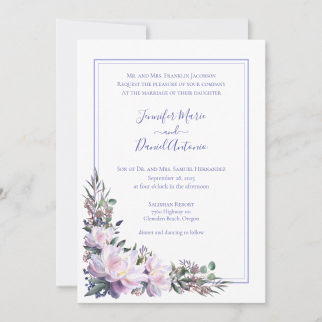 Peony Garden Periwinkle White Wedding Invitation (Front)