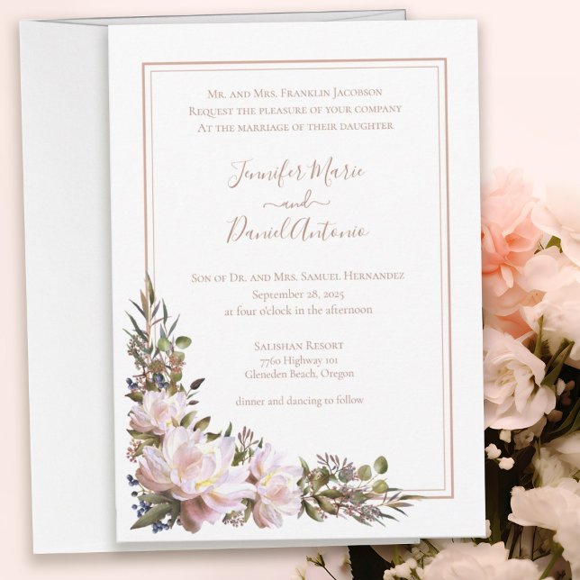 Peony Garden  Rustic Peach White Wedding  Invitation (Peony Garden Adobe White Wedding Invitation)