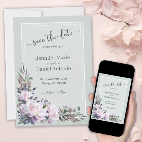 Peony Garden Sage Green Flat Save The Date Card