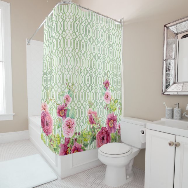 Peony Garden Trellis Pink Burgundy Rose Watercolor Shower Curtain (In Situ)