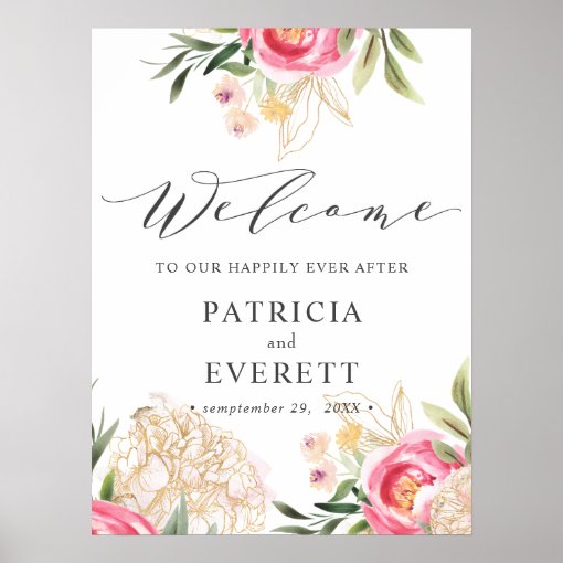 Peony gold flowers Boho Wedding Welcome Poster | Zazzle