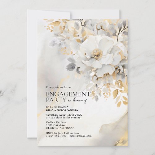 Peony Gold Grey Black Engagement Party Invitation