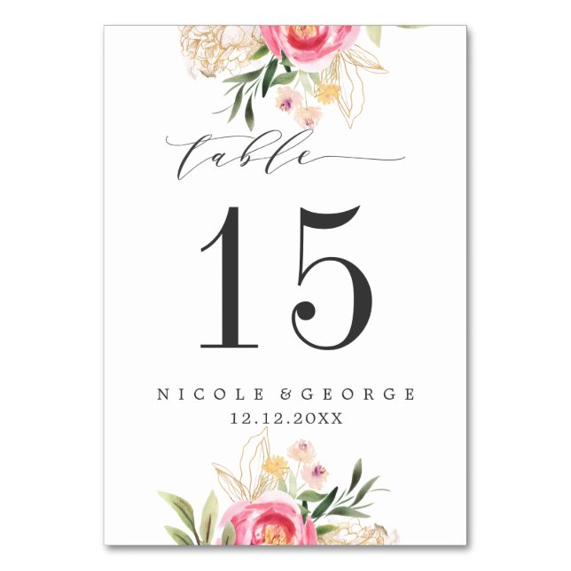 Peony gold WEDDING Personalized Table Number (Front)