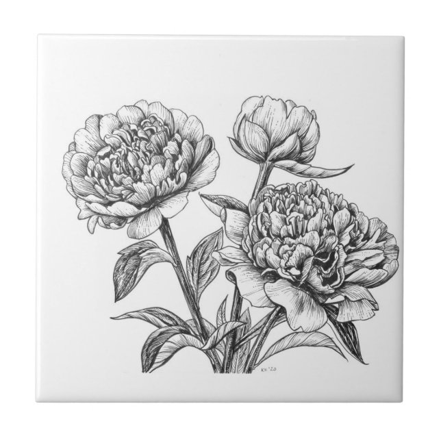 Peony ink drawing ceramic tile (Front)