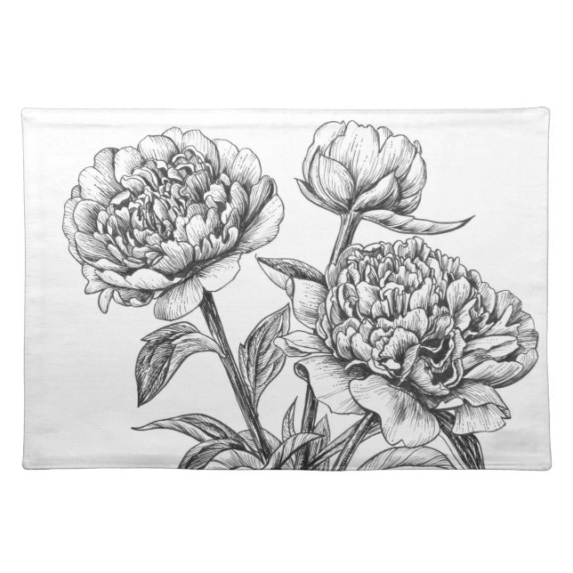 Peony ink drawing cloth placemat (Front)