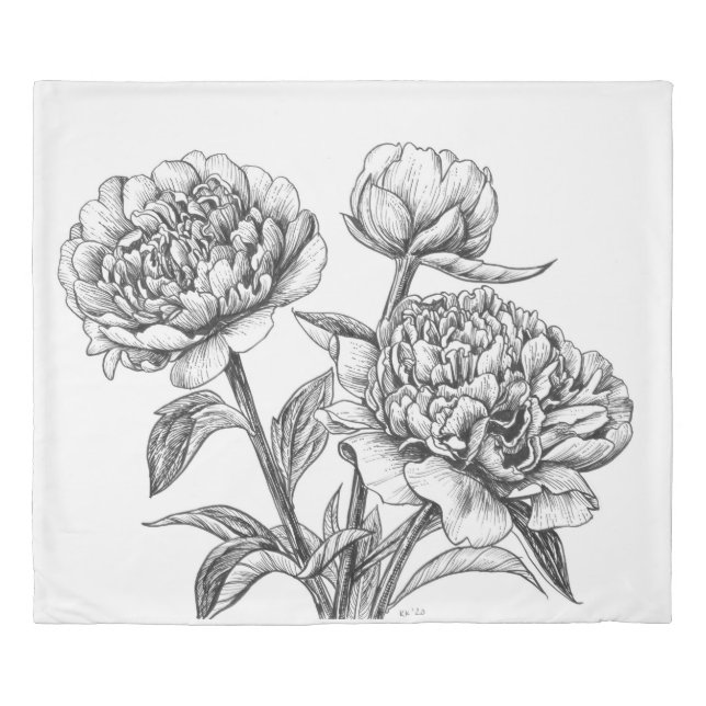 Peony ink drawing duvet cover (Front)
