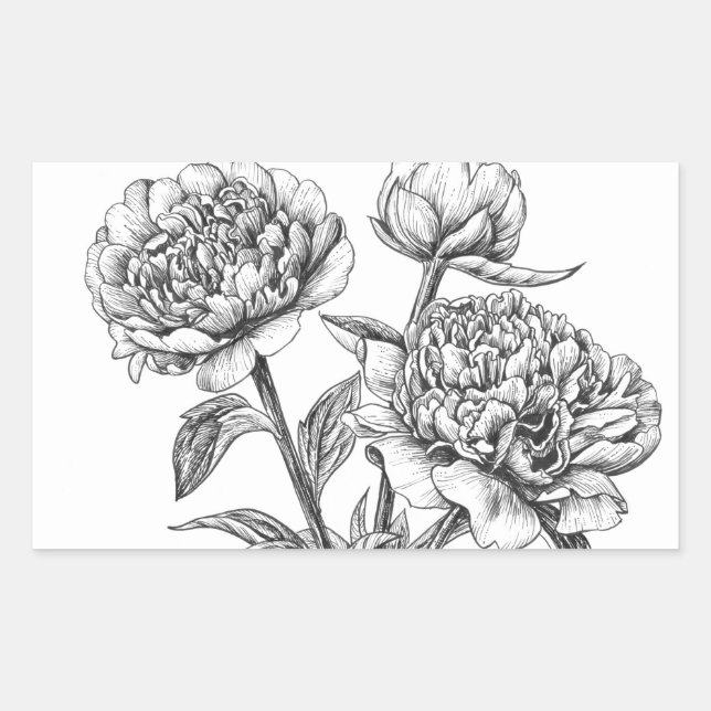 Peony ink drawing rectangular sticker (Front)