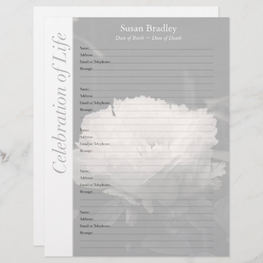 Peony Memorial Guest Book Binder Filler Pages (Front/Back)