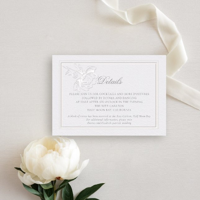 Peony Modern Formal Elegant Ivory Wedding Details Enclosure Card (peony wedding details card formal modern classic traditional calligraphy double frame faux embossed )