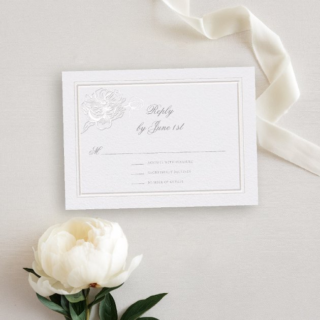 Peony ivory formal elegant wedding RSVP response card with faux embossed double frame — Pencil Owl Studios