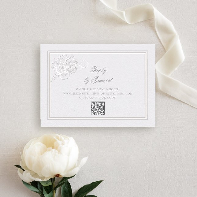 Peony Modern Formal Elegant QR Wedding Response (peony wedding rsvp reply QR formal modern classic traditional calligraphy double frame faux embossed)